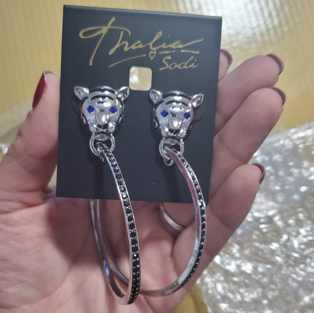 Thalia Sodi Silver-Tone Pavé Tiger Head Drop Hoop